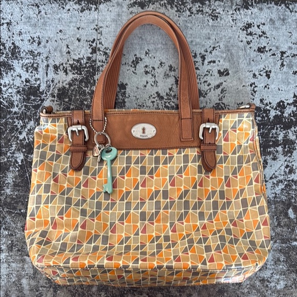 Fossil Brown/Orange Leather/Coated Canvas Vintage Key Per Tote 15x13x5" - Picture 1 of 7